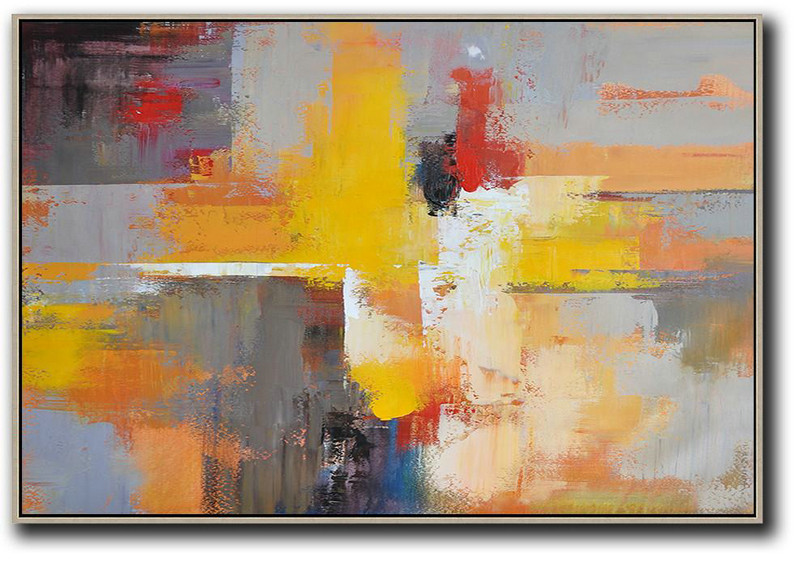 Large Abstract Painting,Horizontal Palette Knife Contemporary Art,Modern Abstract Wall Art,Yellow,Grey,Red,Black.etc
